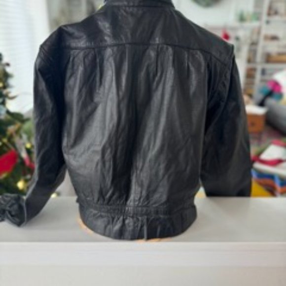 VINTAGE Black leather cropped biker jacket size 10 - Picture 2 of 9